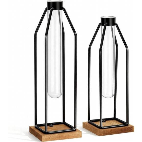 Wooden Vase Test Tube Set of 2, 11&12.5 Inch Flower Vases with Iron Stand - Picture 3 of 7